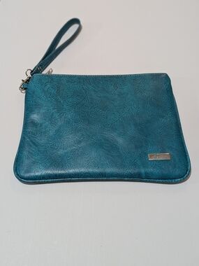 Agave Sky Teal Embossed Wristlet Clutch With Tooled Design.